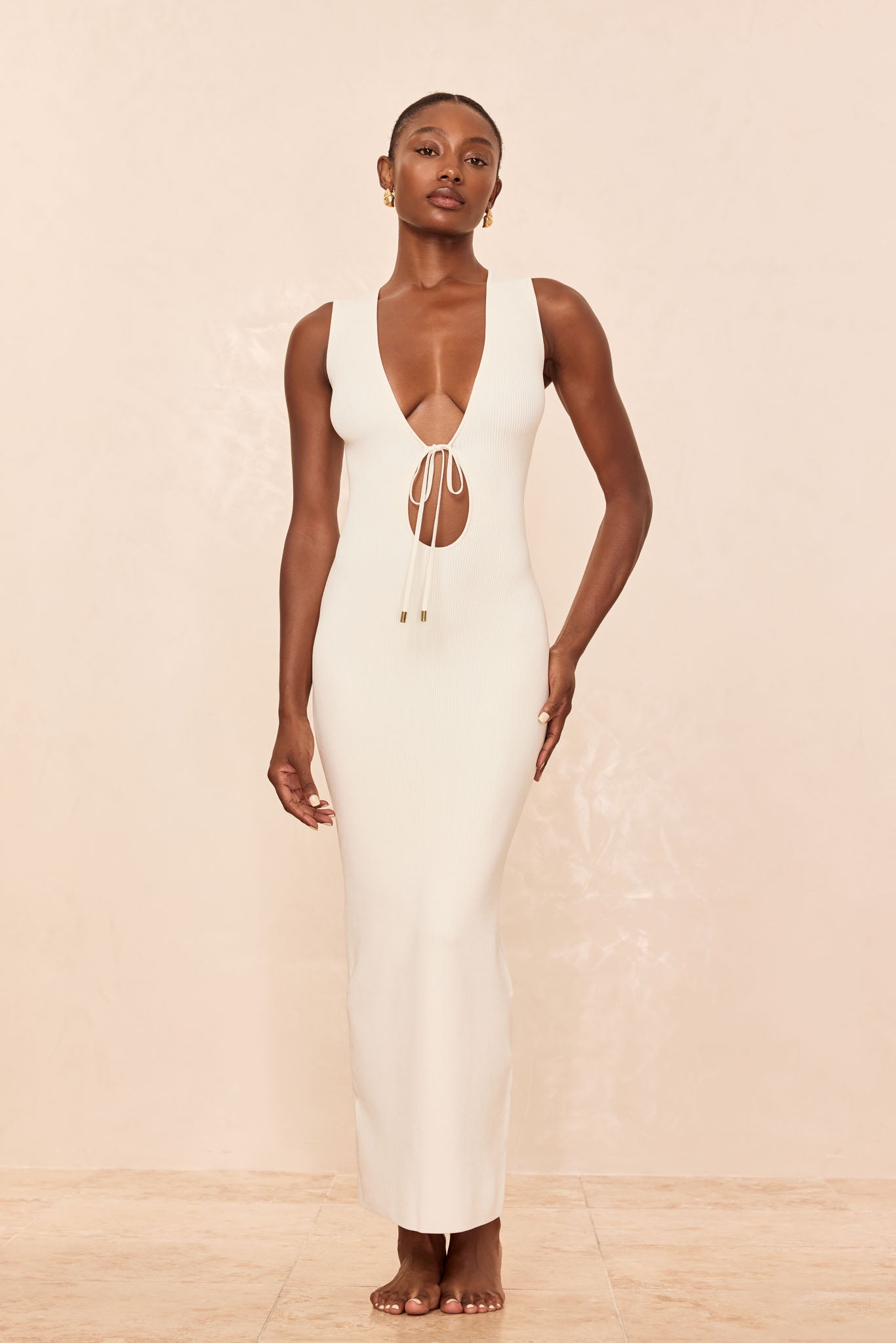 Monte Carlo Tie Dress - Ivory Knit Rib - Image 4